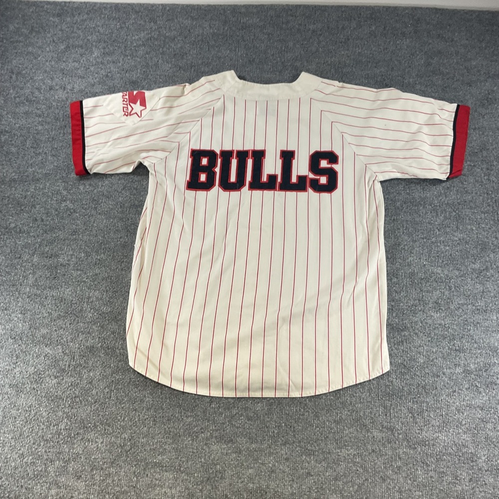 Vintage Starter Chicago Bulls Pinstripe Baseball Jersey Mens Medium Cream Red